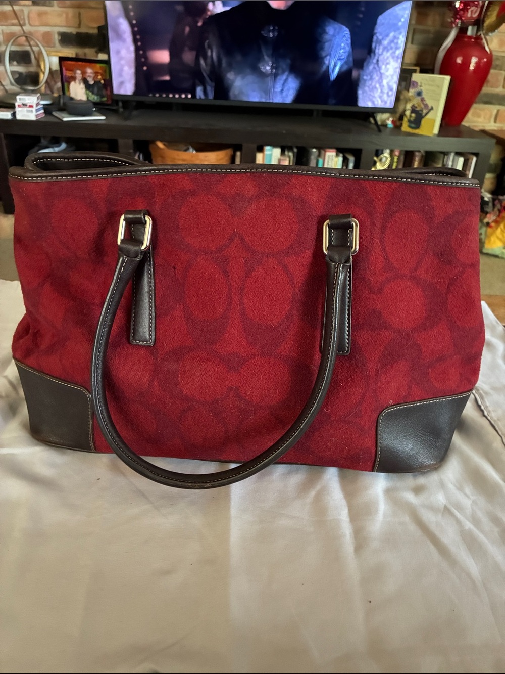 Coach Red Canvas Signature Tote with Brown Leather Trim - Picture 2 of 6